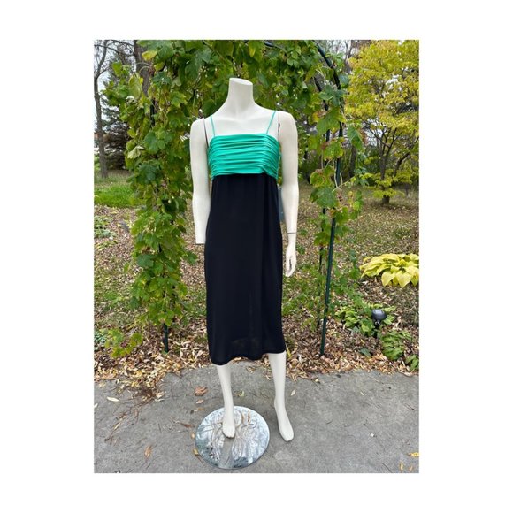 Vintage Frank Usher London Cocktail Dress Tea Length Spaghetti Strap Black Crepe
